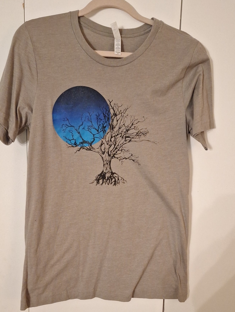 Bella Canvas Taupe Graphic Tee with Blue Moon Tree Print
